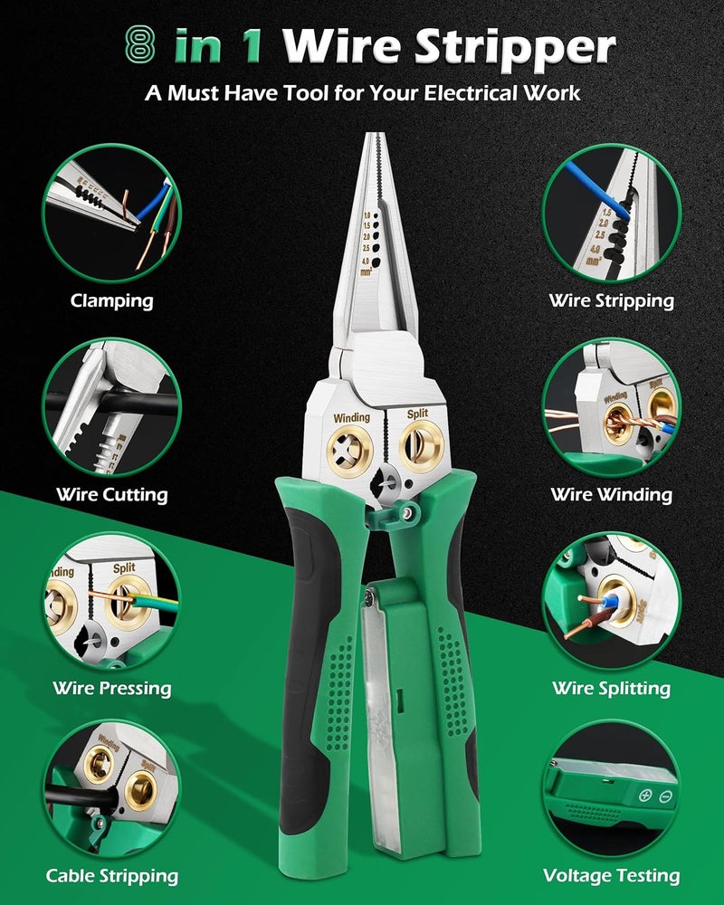 Fatio 8 In 1 Wire Stripper, Wire Stripping Tool with Voltage Tester, Cable Cutters with Plier, Twister, Crimper, Splitting, Wire Stripper Tool for 10-18 AWG for Electrician Work - Image 3